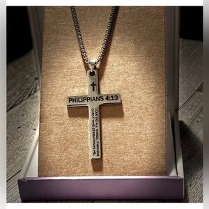 Stainless Steel Silver Cross Necklace with Bible Verse Philippians 4:13
